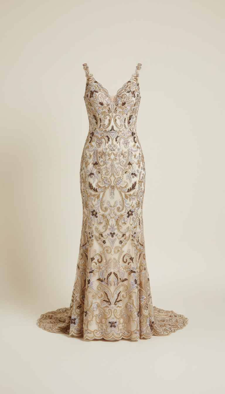 Champagne Sheath Gown with Gilded Embroidery