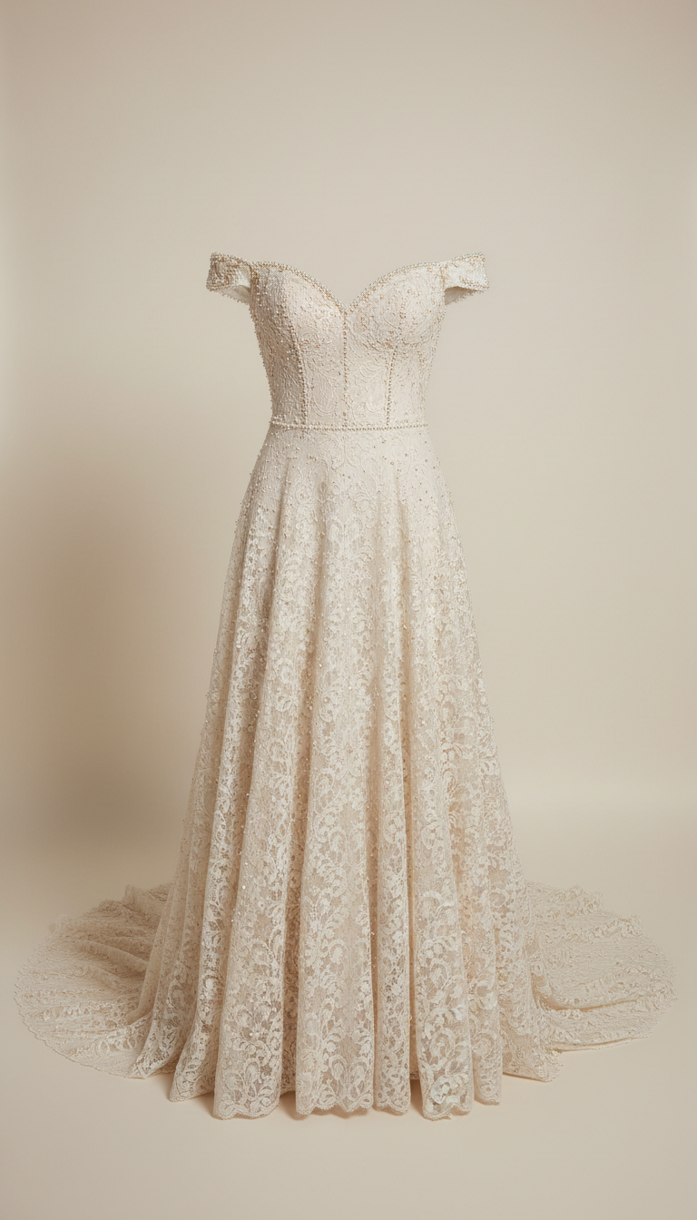 Antique Lace A-Line Gown with Pearl Detail