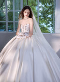 White Strapless Satin Bridal Gown Crystal Pearl Decor Puffy Floor Length Wedding Ball Dress