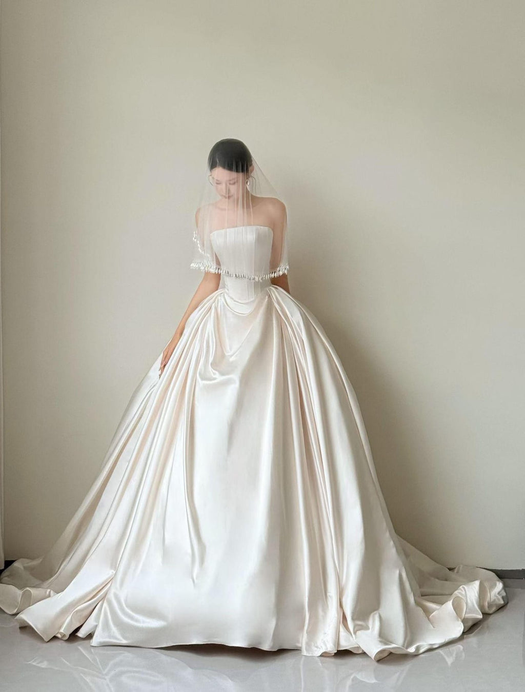 Strapless Satin Ball Gown Wedding Dress, Pearl Fringe Veil, Minimalist Bridal Gown