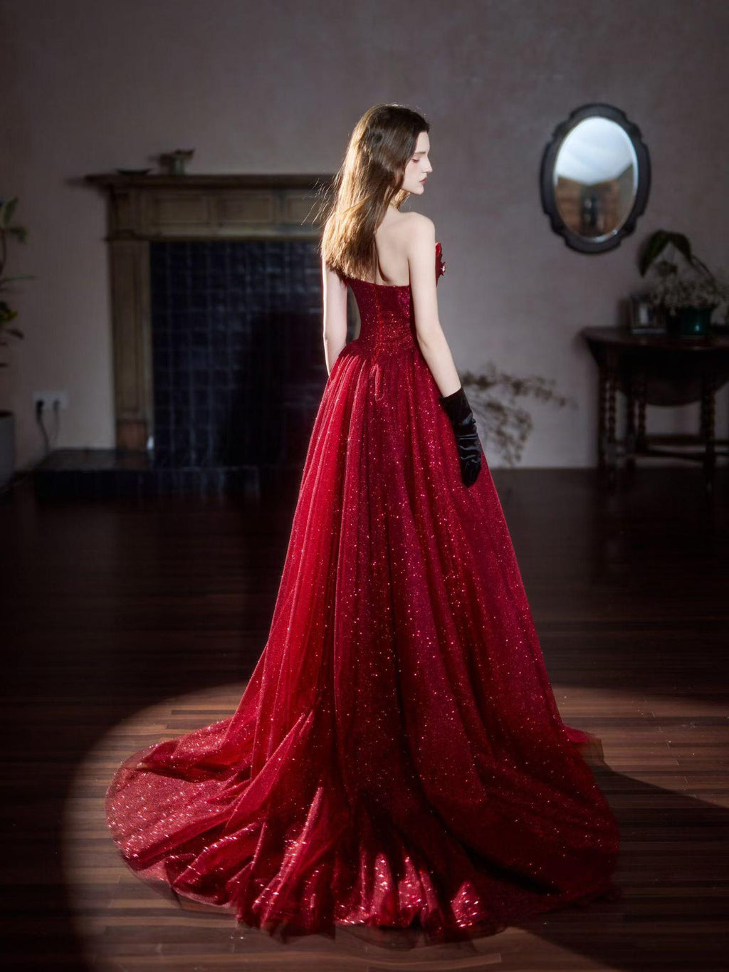 strapless evening gown, burgundy glitter dress, wedding reception dress, prom ball gown, corset waist tulle dress
