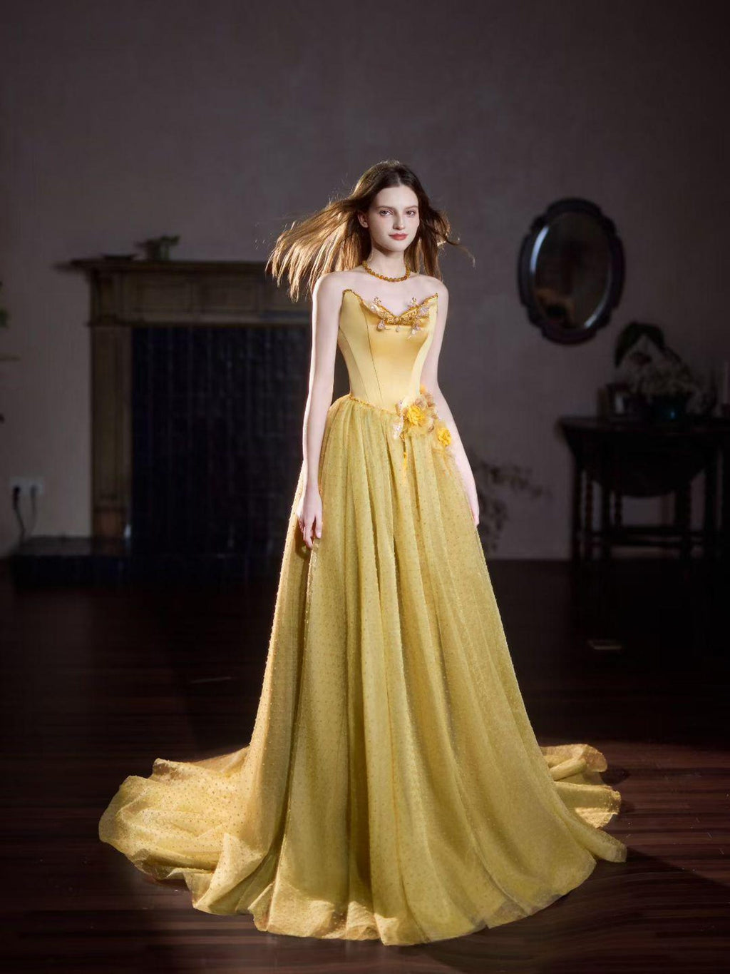 Mustard Yellow Sweetheart Corset Prom Dress Glitter Polka Dot Tulle Fairy Gown Handmade Flower Crystal Decor For Birthday Gala Photoshoot