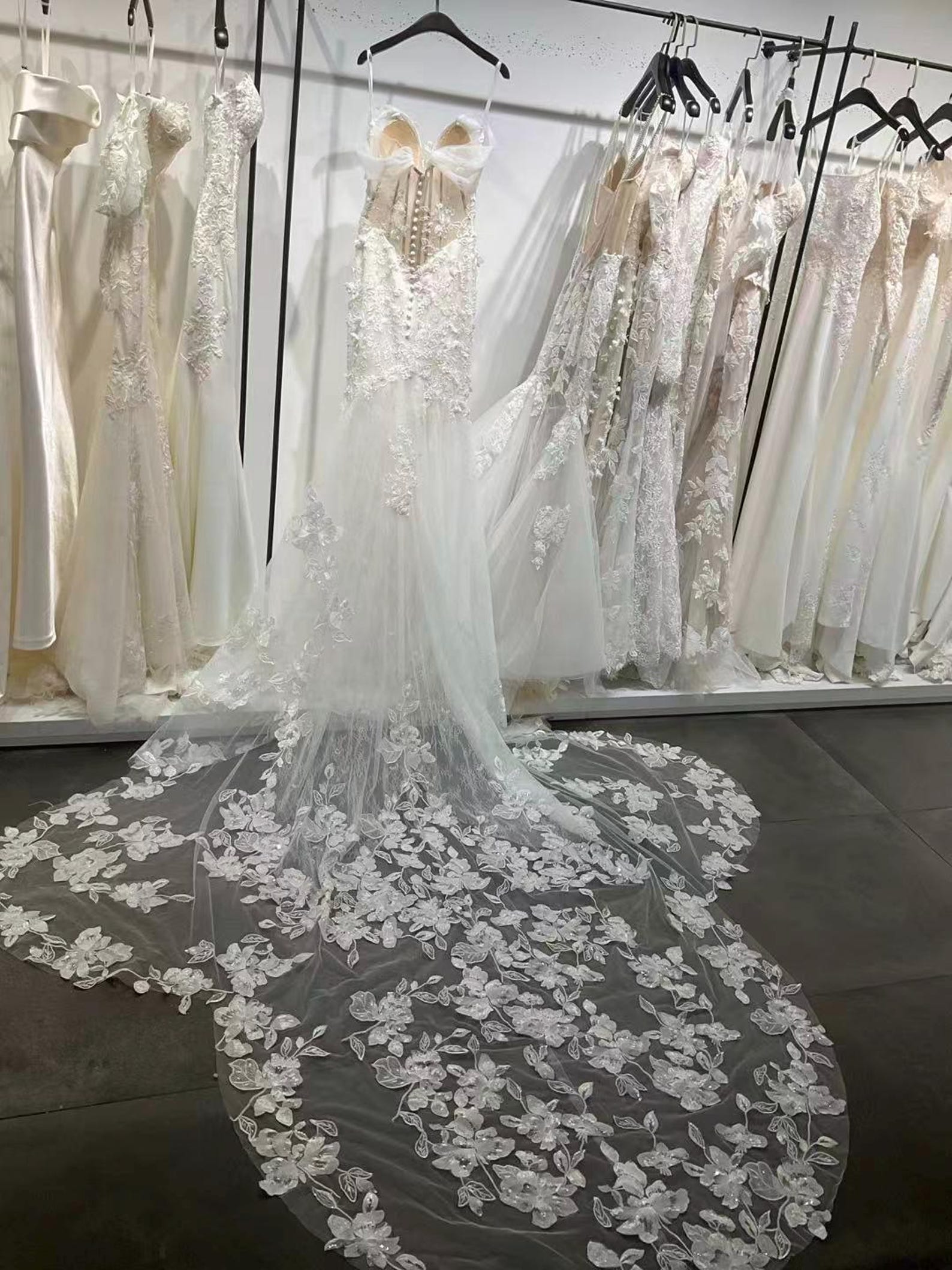 Off Shoulder Deep V Mermaid Wedding Dress Handmade 3D Floral Lace Long Cathedral Train Bridal Gown With Lace Edge Veil