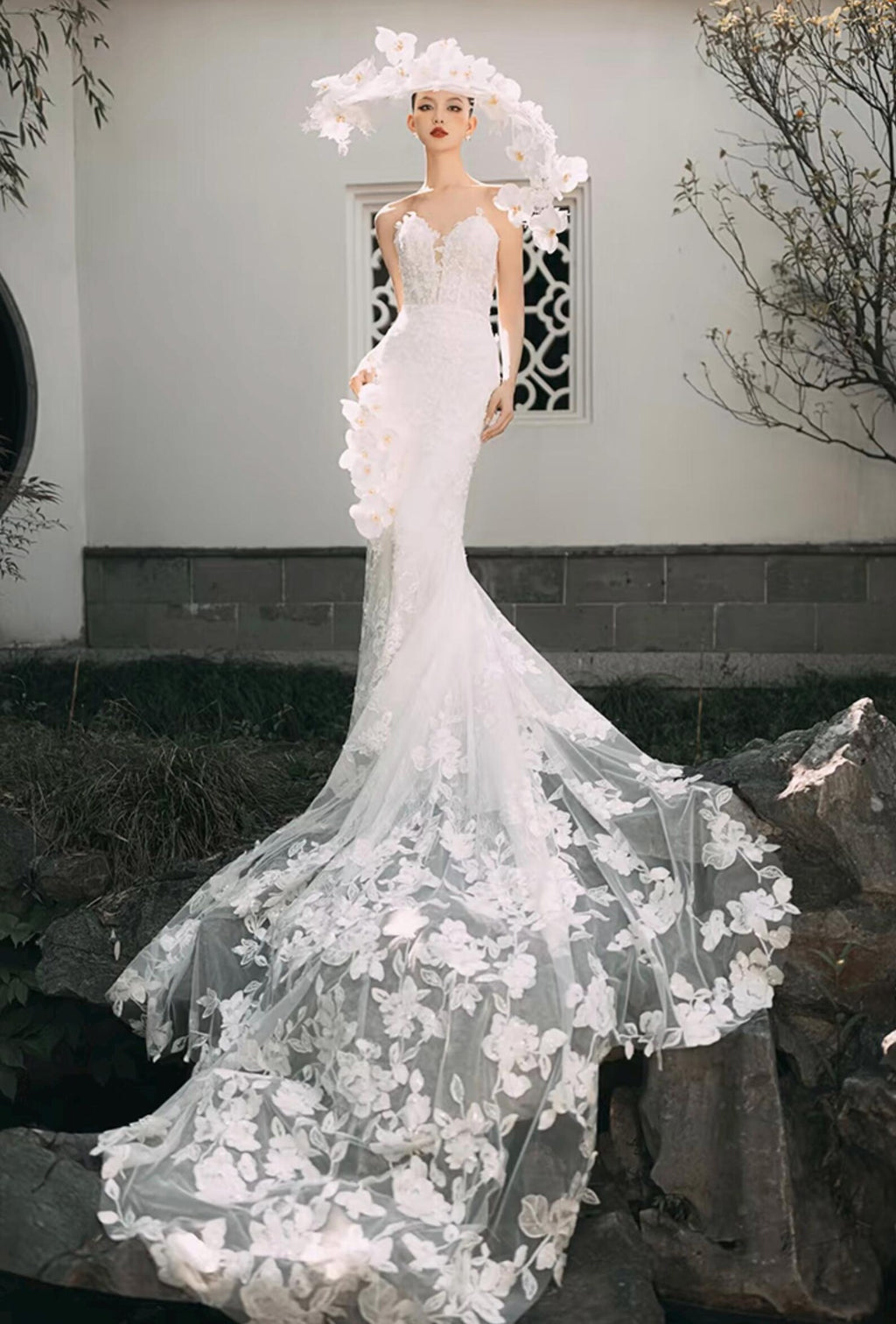 Off Shoulder Deep V Mermaid Wedding Dress Handmade 3D Floral Lace Long Cathedral Train Bridal Gown With Lace Edge Veil