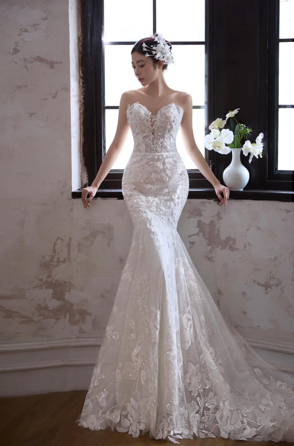 Off Shoulder Deep V Mermaid Wedding Dress Handmade 3D Floral Lace Long Cathedral Train Bridal Gown With Lace Edge Veil