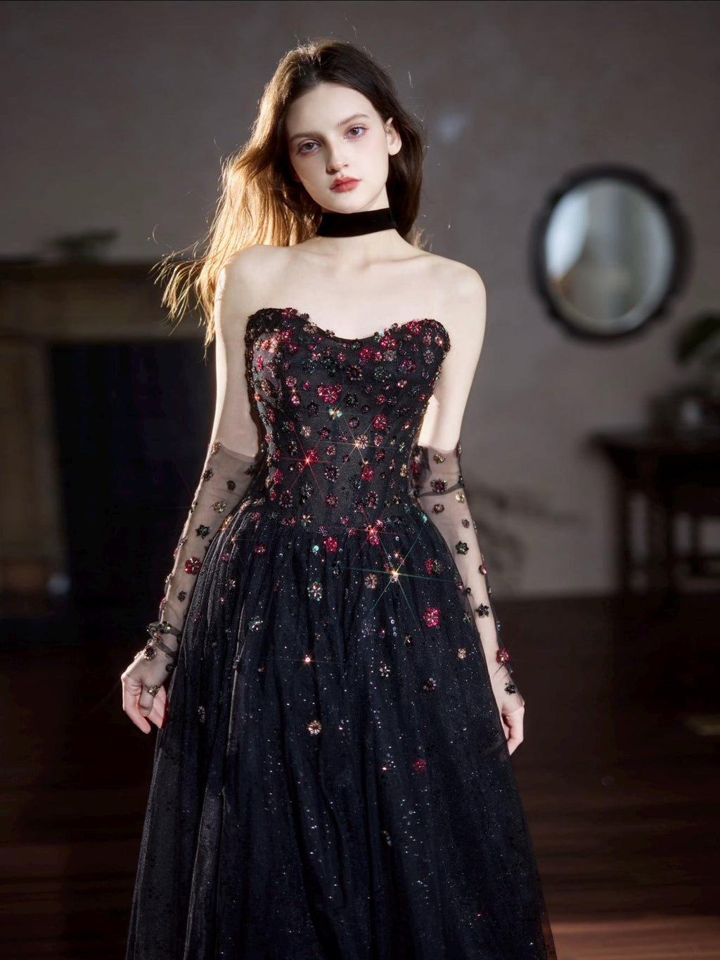 Gothic Black Sparkly Tulle Formal Gown Handmade Flower Crystal Applique Prom Dress With Veil