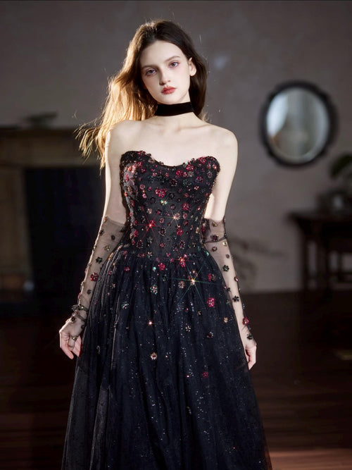 Gothic Black Sparkly Tulle Formal Gown Handmade Flower Crystal Applique Prom Dress With Veil