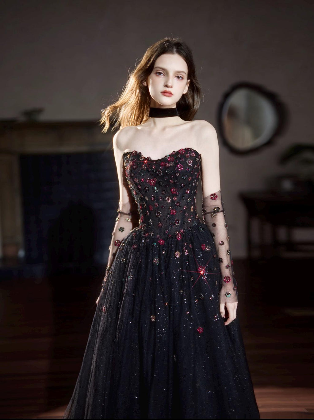 Gothic Black Sparkly Tulle Formal Gown Handmade Flower Crystal Applique Prom Dress With Veil