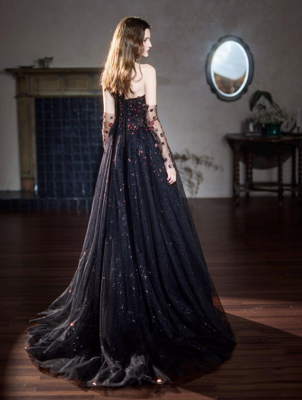Gothic Black Sparkly Tulle Formal Gown Handmade Flower Crystal Applique Prom Dress With Veil