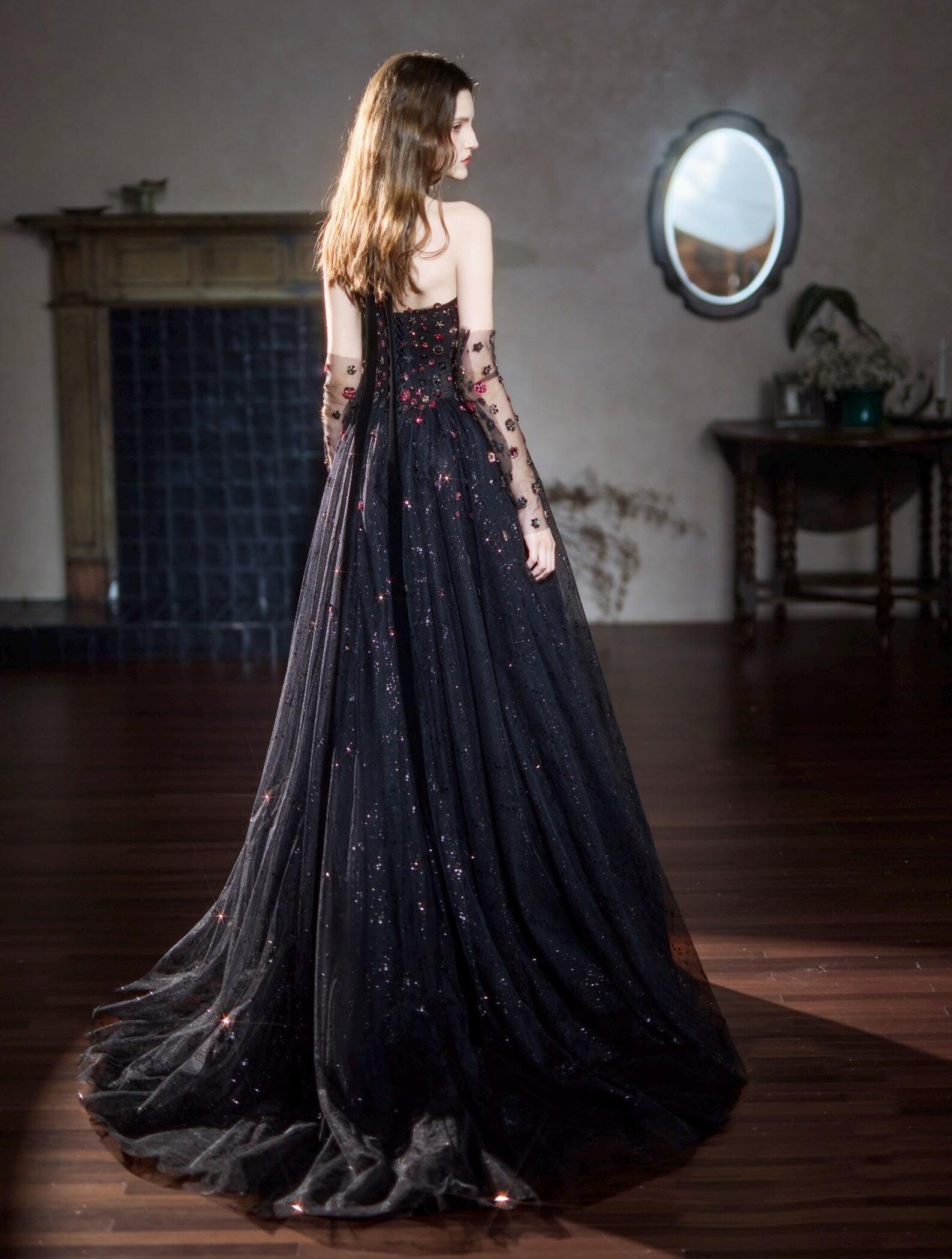 Gothic Black Sparkly Tulle Formal Gown Handmade Flower Crystal Applique Prom Dress With Veil