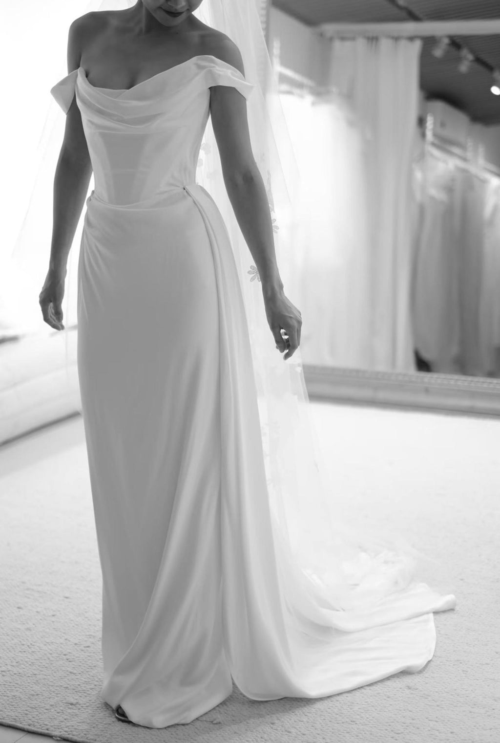 Off-the-Shoulder Satin Mermaid Wedding Dress with Detachable Side Skirt Oversized Train Bridal Gown