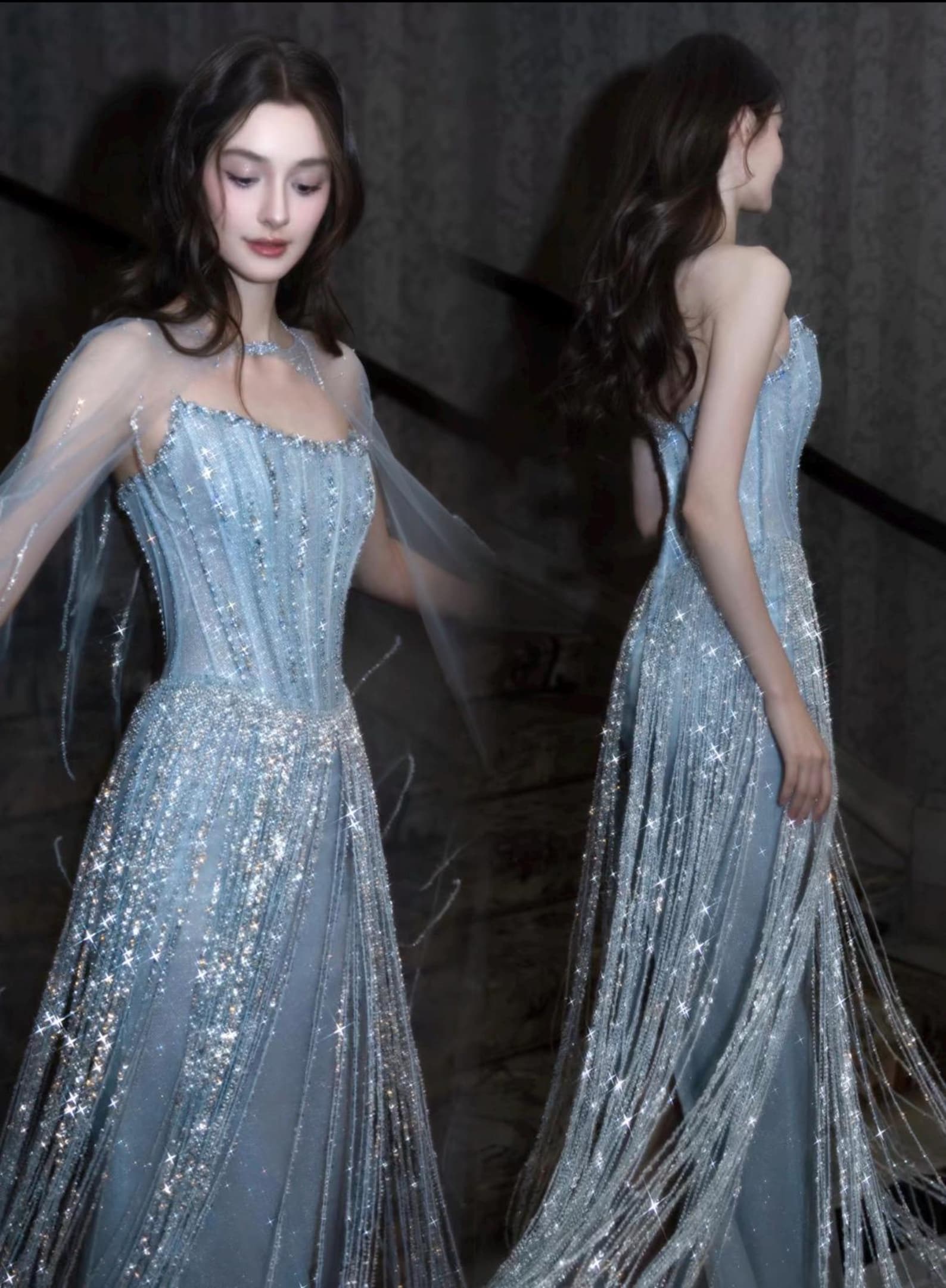 Dusty Blue Rhinestone Fringe Evening Gown Strapless Boned Corset Mermaid Formal Dress with Sheer Cape for Wedding Reception Gala Pageant