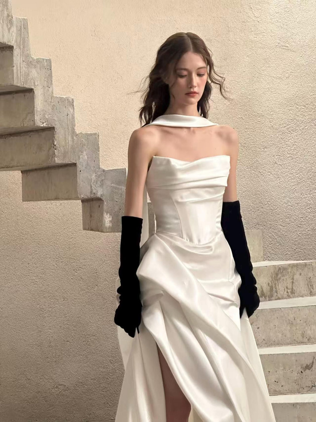 French Halter Satin Wedding Dress, Hepburn Style Ruched Corset Bridal Gown With High Slit, Reception Bridal Dress