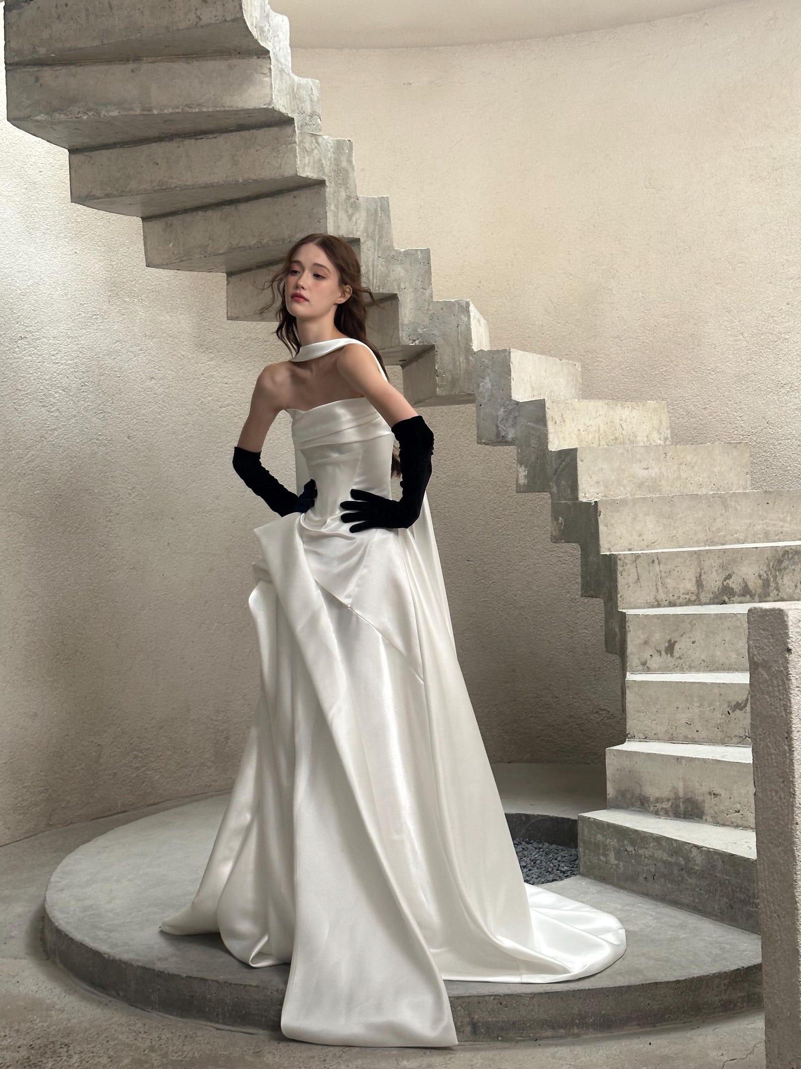 French Halter Satin Wedding Dress, Hepburn Style Ruched Corset Bridal Gown With High Slit, Reception Bridal Dress