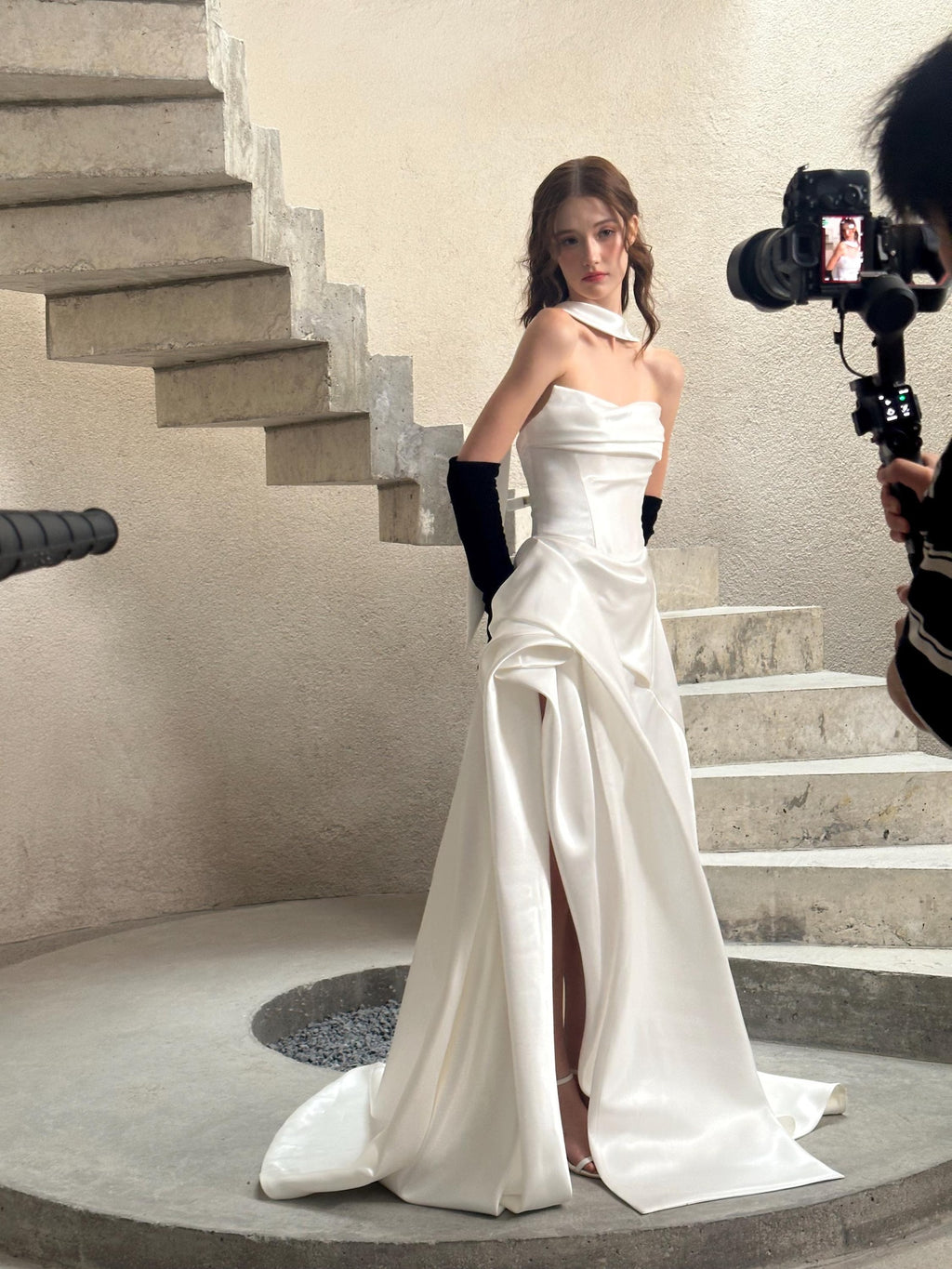 French Halter Satin Wedding Dress, Hepburn Style Ruched Corset Bridal Gown With High Slit, Reception Bridal Dress