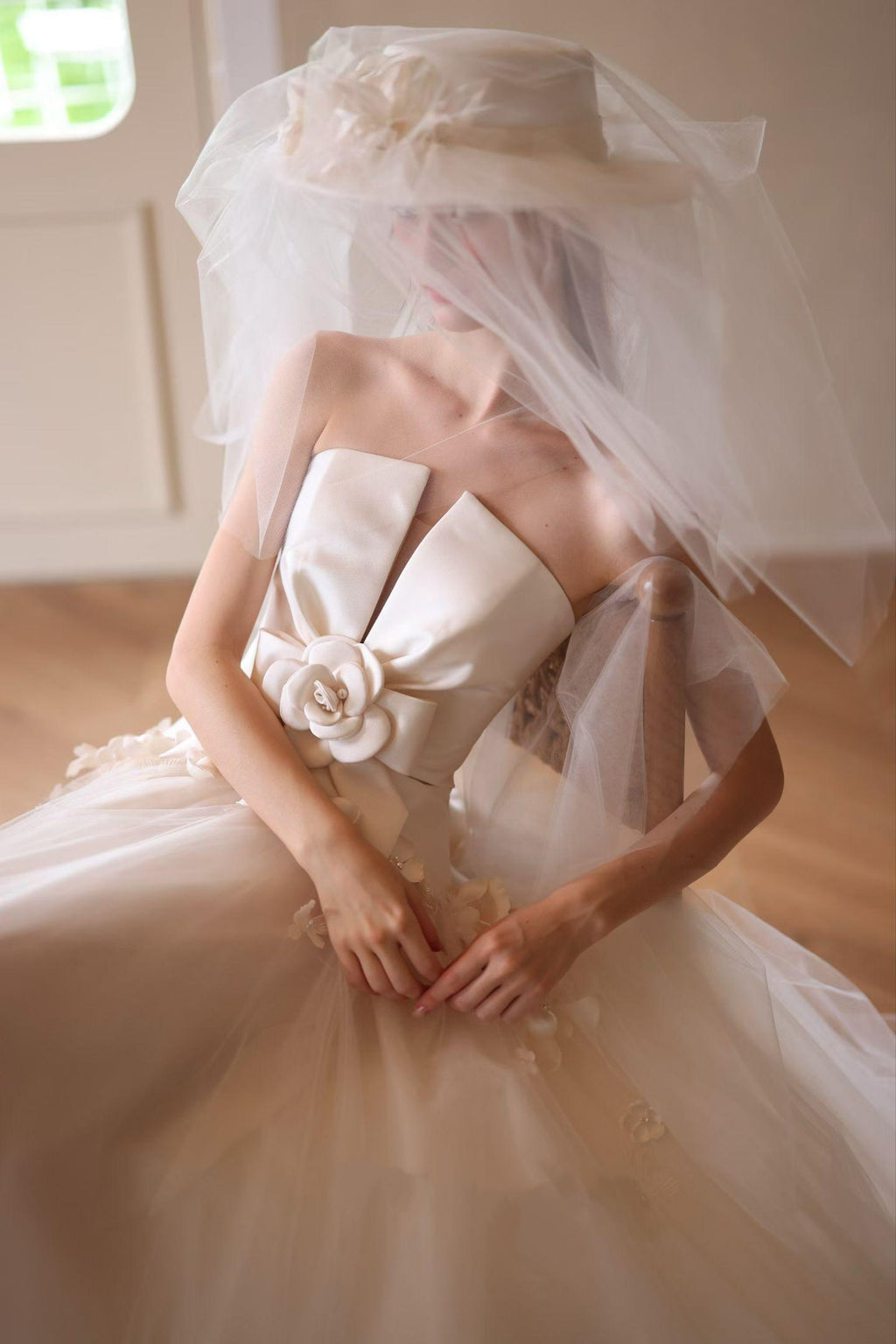 Vintage French Strapless Bridal Gown Decorated with Handmade Camellia