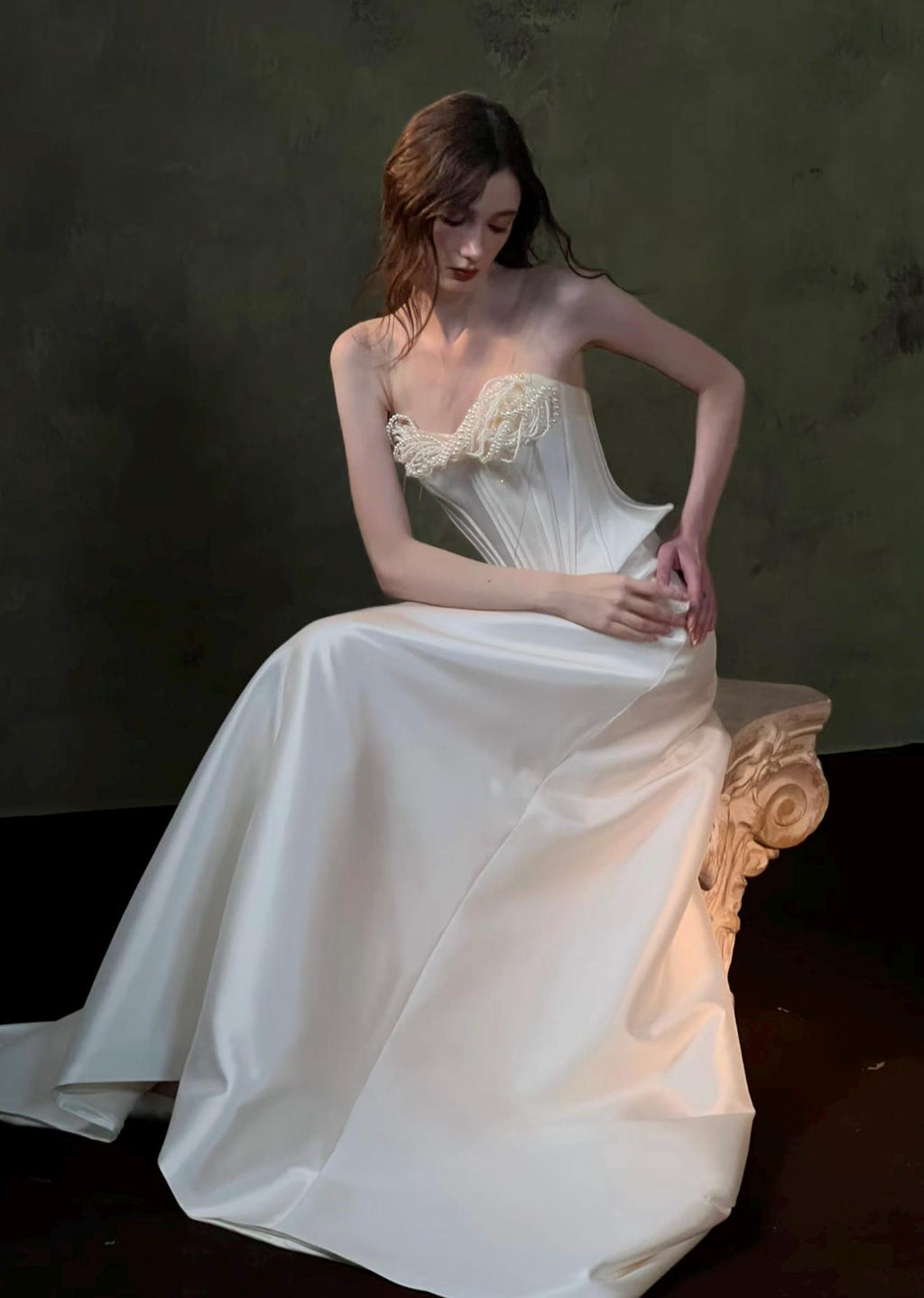 Pearl Trim Strapless Satin Wedding Dress, Boned Corset A-line Evening Gown