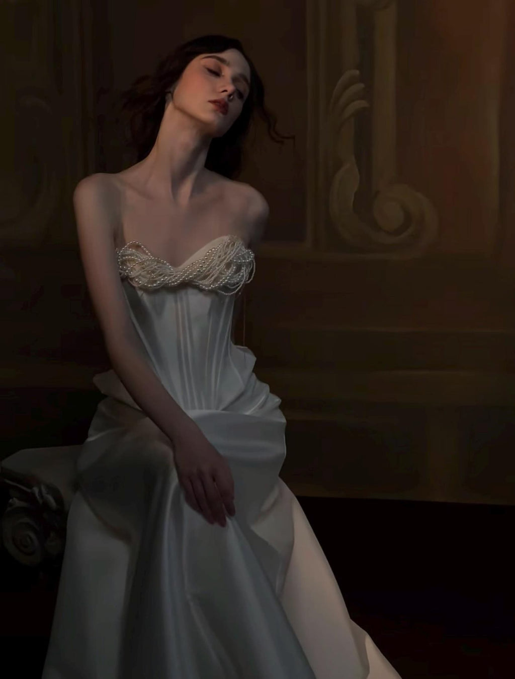 Pearl Trim Strapless Satin Wedding Dress, Boned Corset A-line Evening Gown
