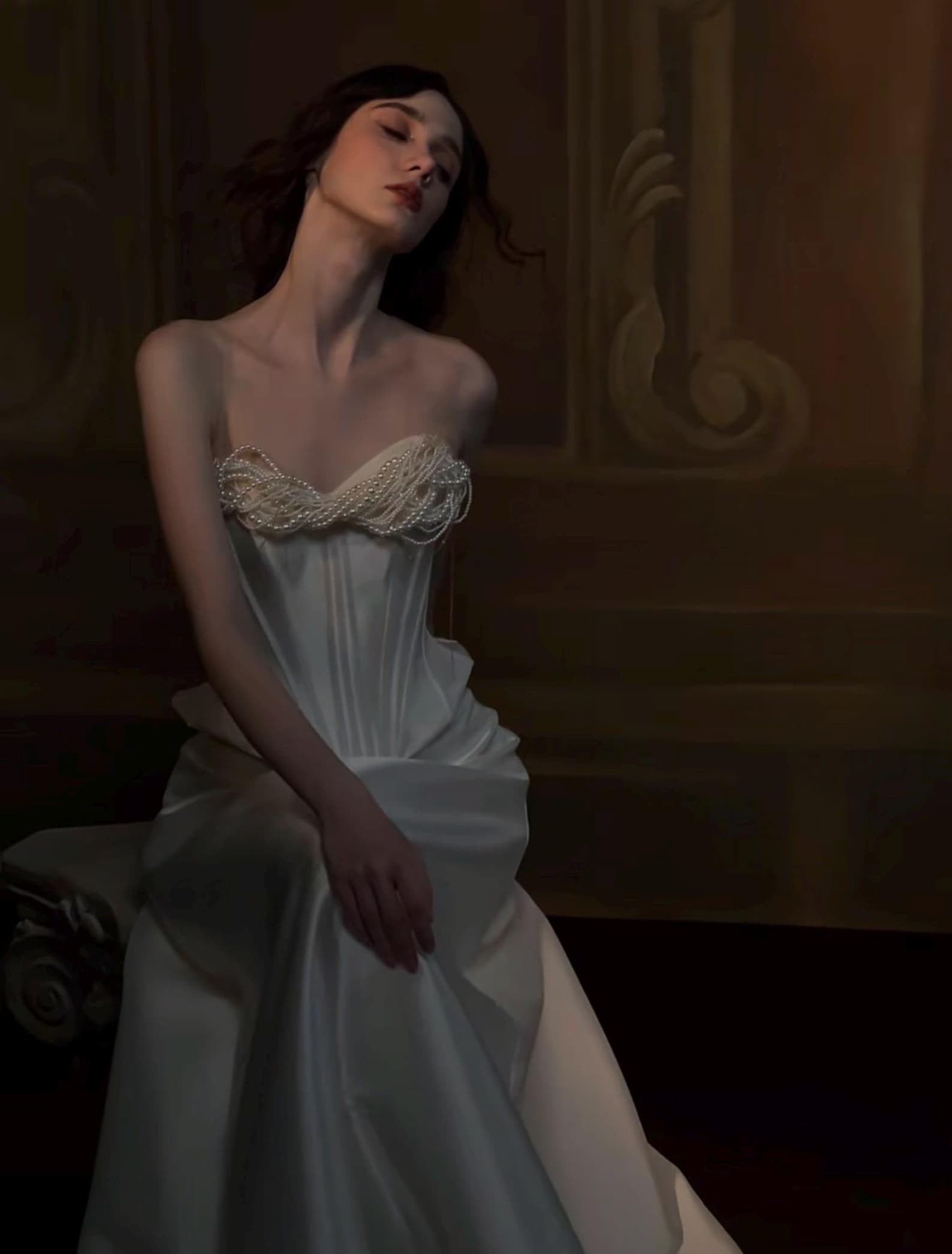 Pearl Trim Strapless Satin Wedding Dress, Boned Corset A-line Evening Gown