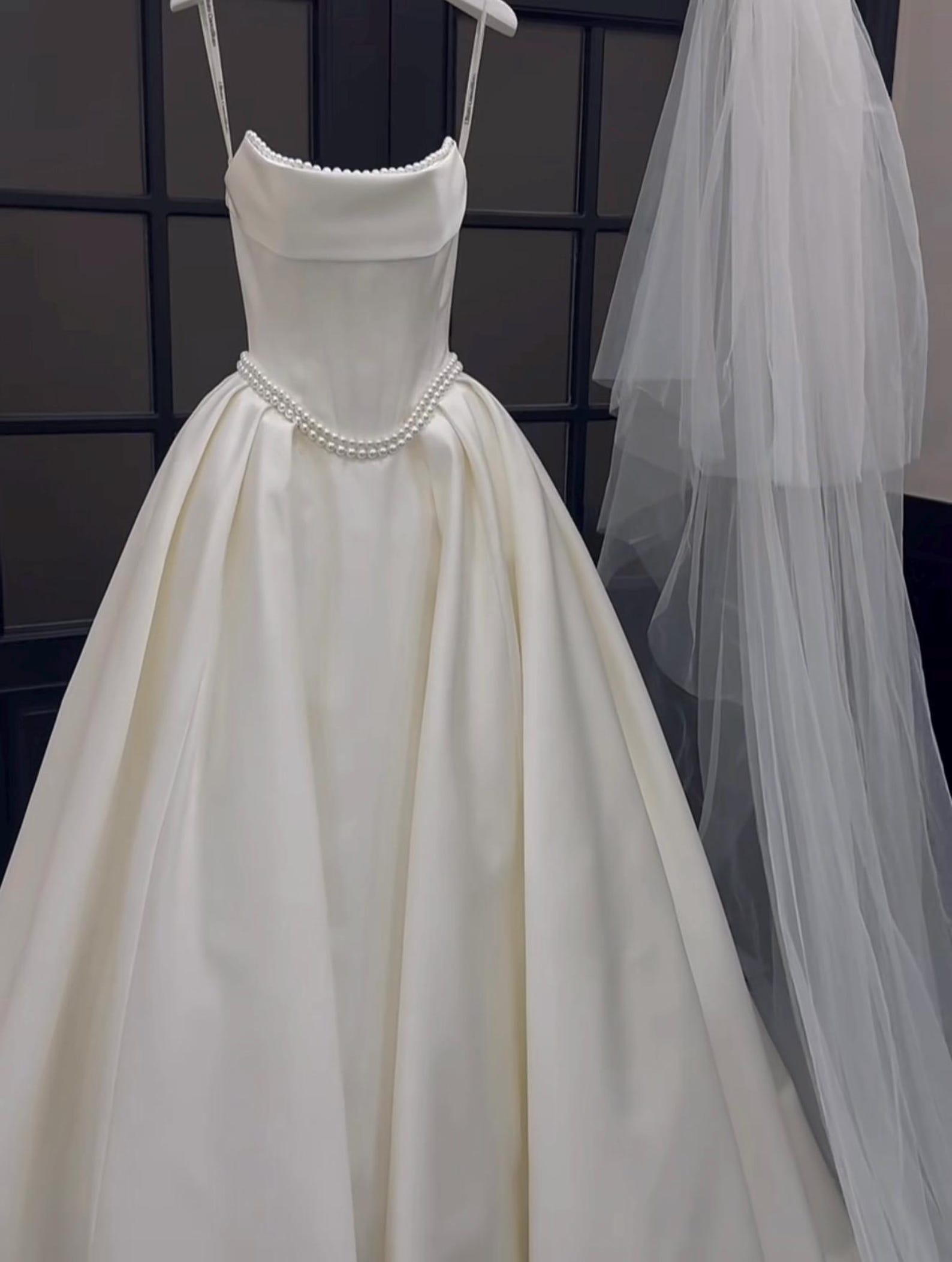 Pearl Belt Spaghetti Strap Satin Ballgown Wedding Dre
