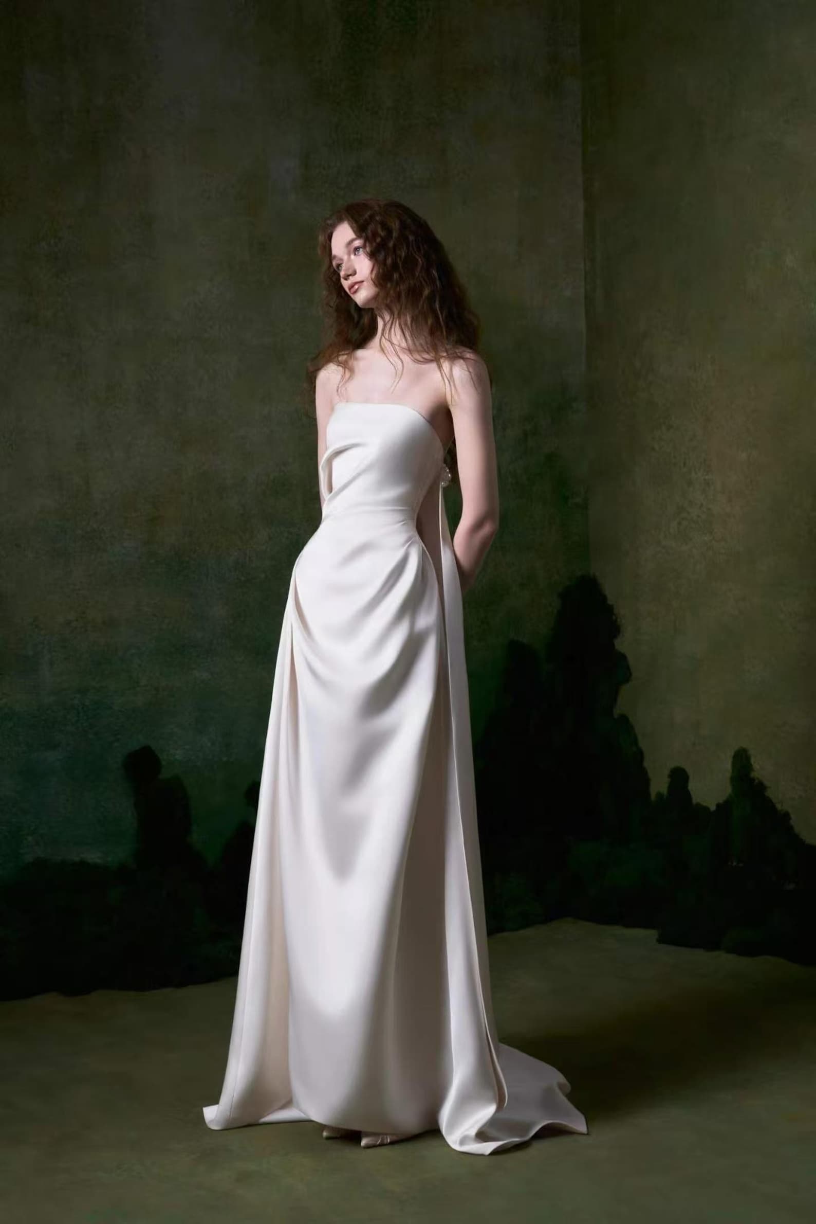Minimalist High-End Satin Bridal Gown with Asymmetrical Draping