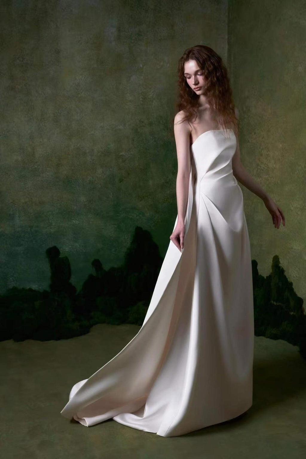 Minimalist High-End Satin Bridal Gown with Asymmetrical Draping