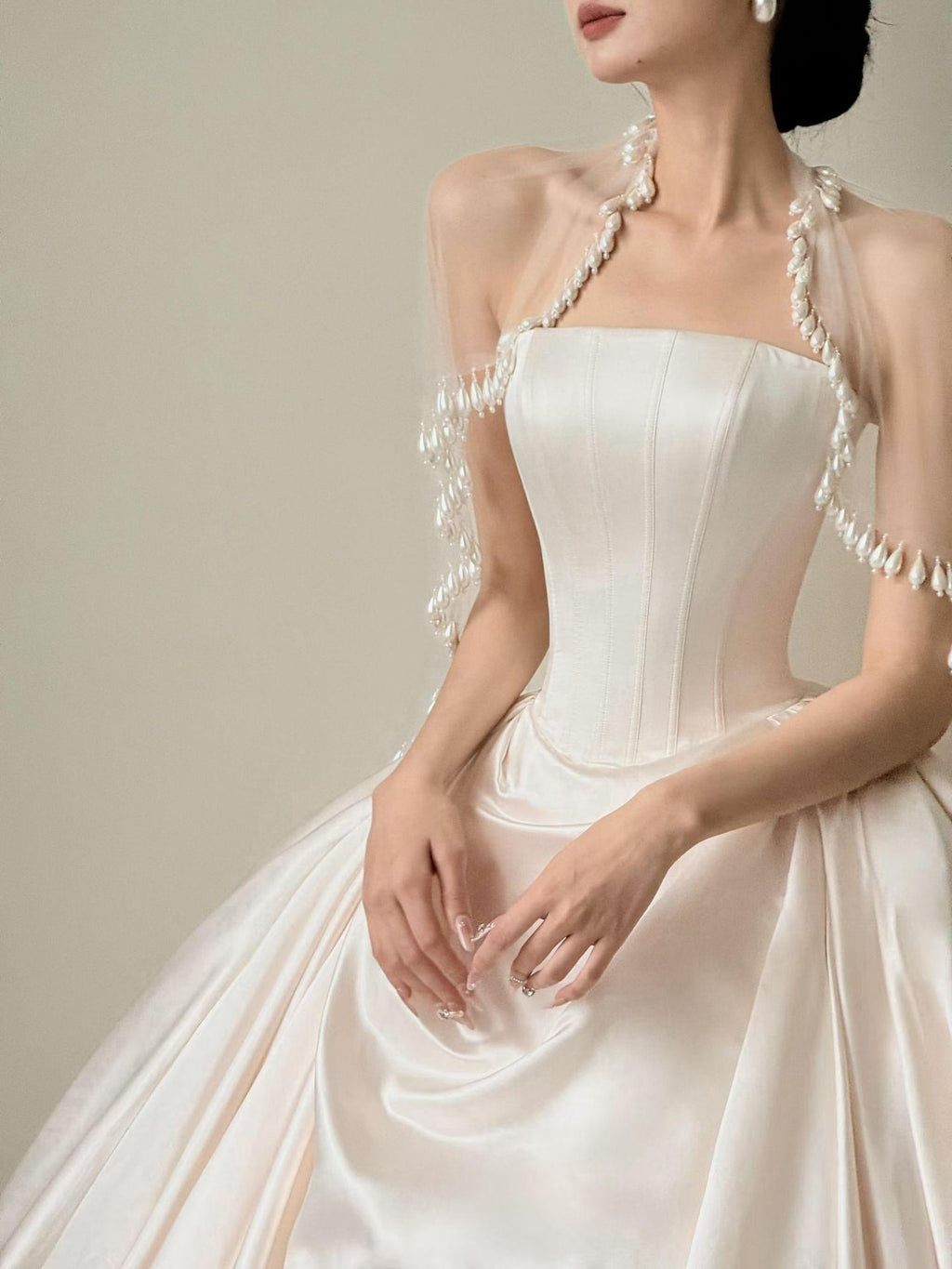 Strapless Satin Ball Gown Wedding Dress, Pearl Fringe Veil, Minimalist Bridal Gown