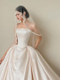 Strapless Satin Ball Gown Wedding Dress, Pearl Fringe Veil, Minimalist Bridal Gown