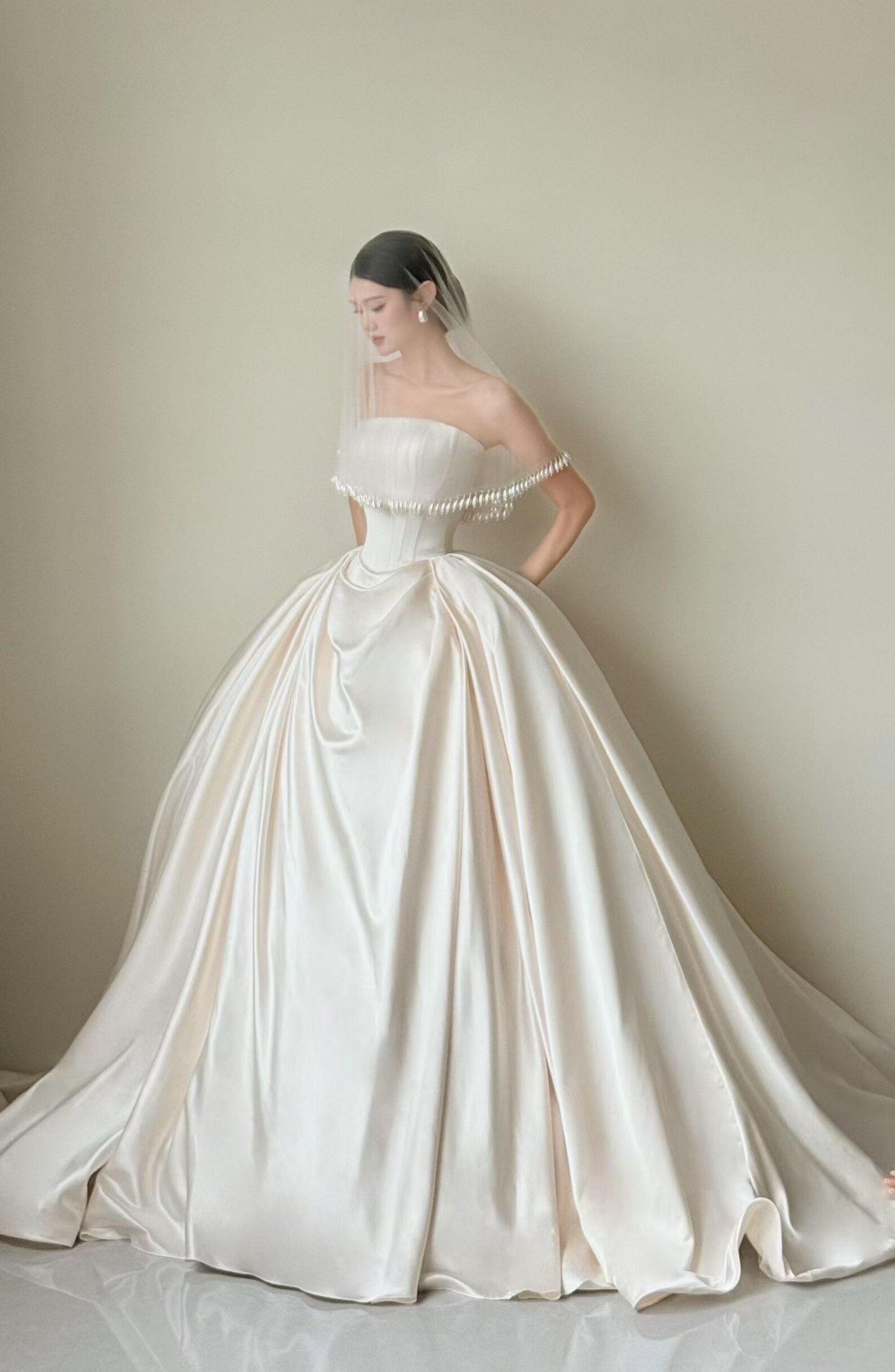 Strapless Satin Ball Gown Wedding Dress, Pearl Fringe Veil, Minimalist Bridal Gown