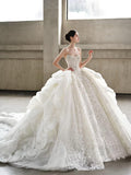 Luxury Heavy Beaded Lace Wedding Dress with Voluminous Floral Tulle Skirt & Long Train