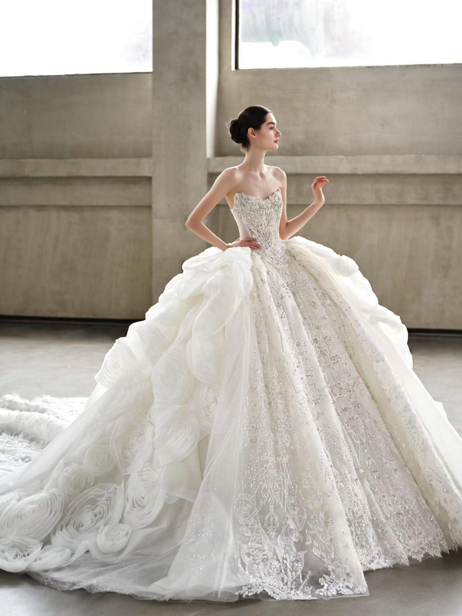 Luxury Heavy Beaded Lace Wedding Dress with Voluminous Floral Tulle Skirt & Long Train
