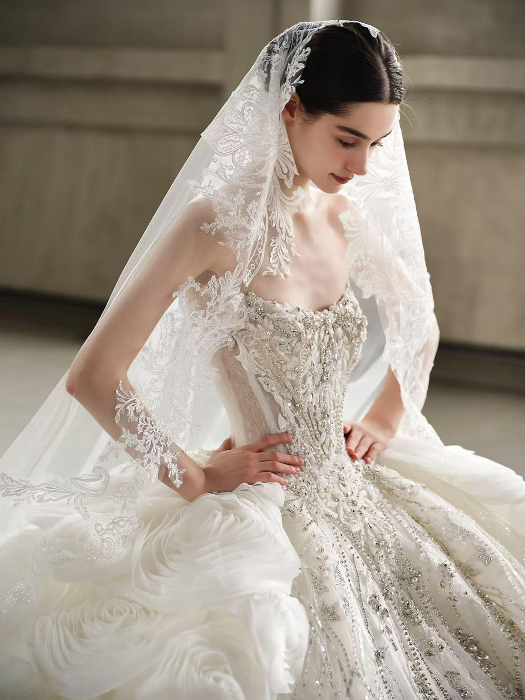 Luxury Heavy Beaded Lace Wedding Dress with Voluminous Floral Tulle Skirt & Long Train
