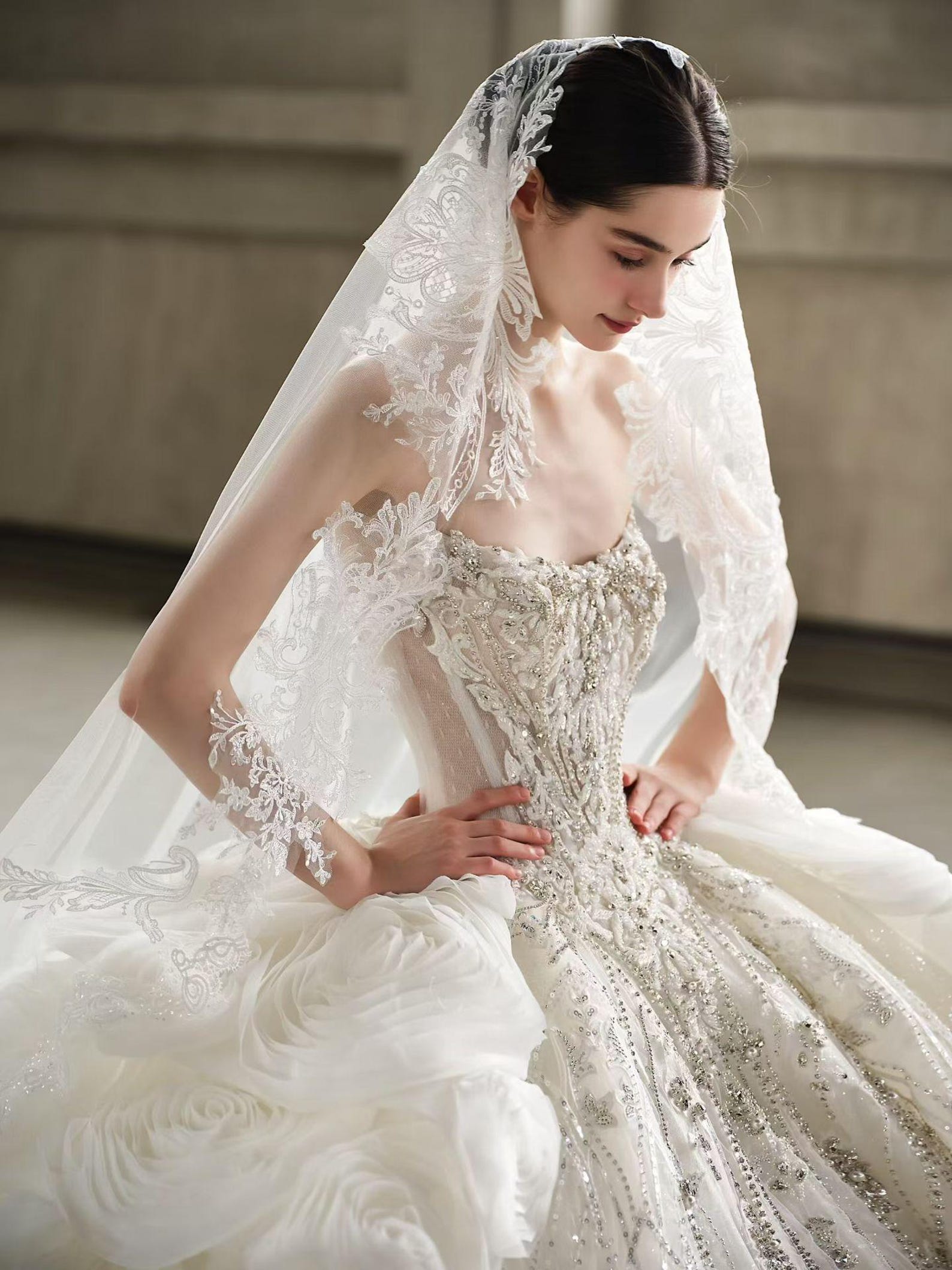 Luxury Heavy Beaded Lace Wedding Dress with Voluminous Floral Tulle Skirt & Long Train