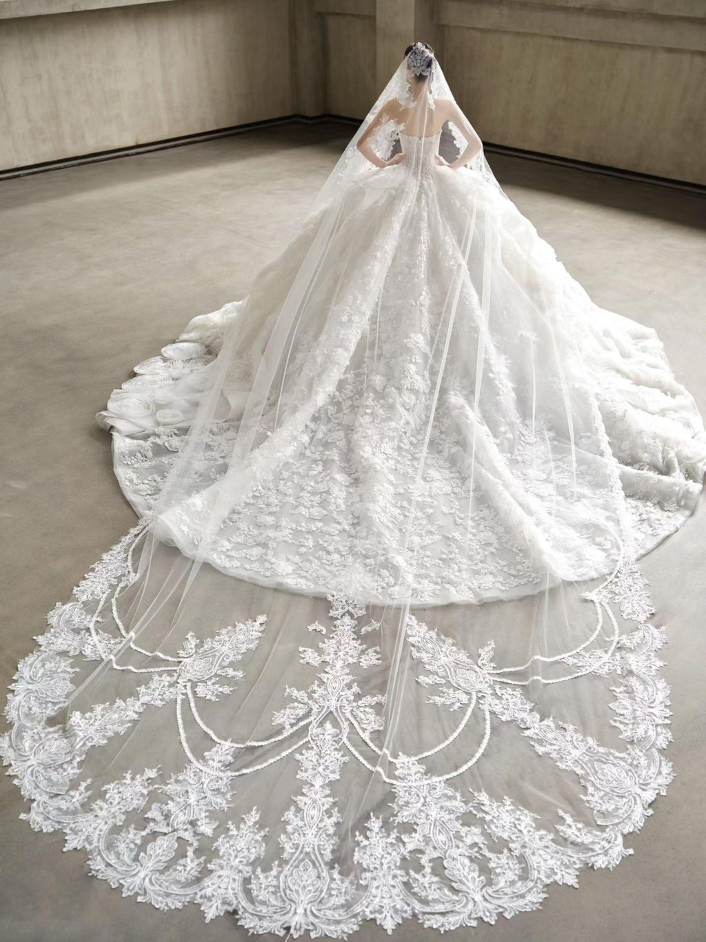 Luxury Heavy Beaded Lace Wedding Dress with Voluminous Floral Tulle Skirt & Long Train