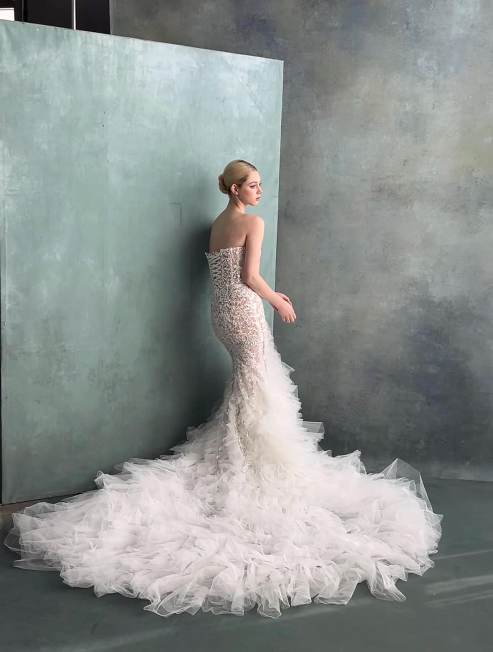 Strapless Mermaid Wedding Dress, Lace Beaded, Long Tulle Train