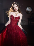 strapless evening gown, burgundy glitter dress, wedding reception dress, prom ball gown, corset waist tulle dress