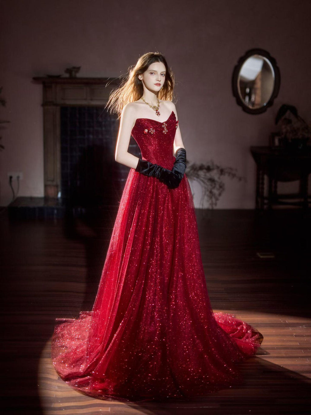 strapless evening gown, burgundy glitter dress, wedding reception dress, prom ball gown, corset waist tulle dress