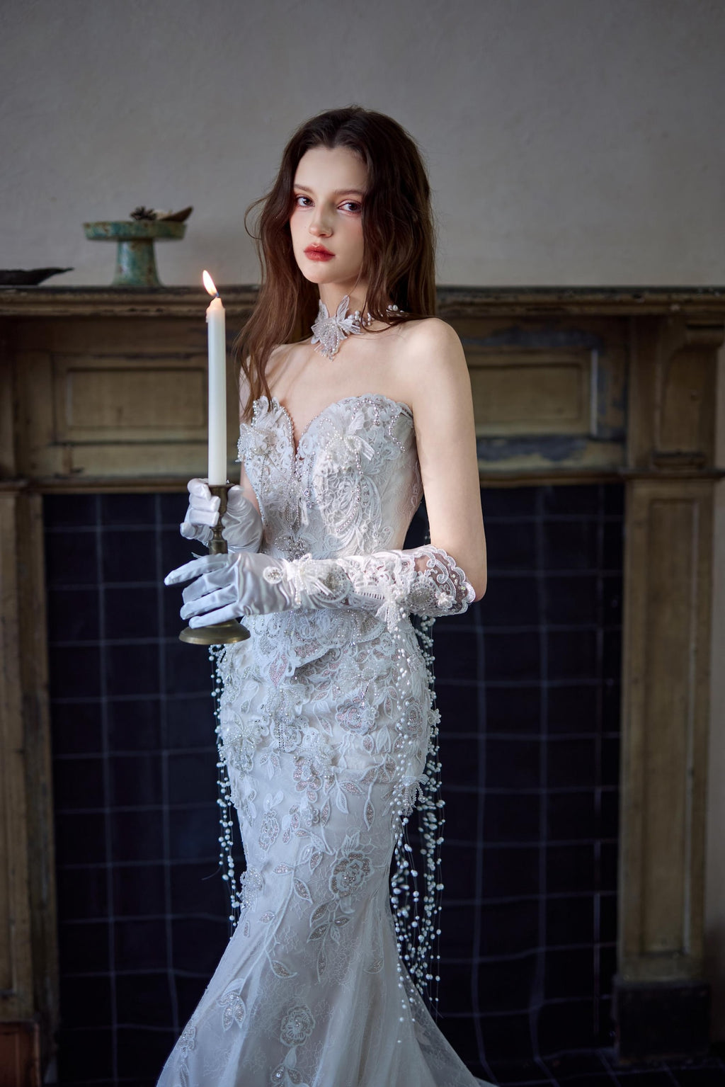 Luxury Hand Rhinestone Mermaid Bridal Outfit With Lace Gloves & Butterfly Choker