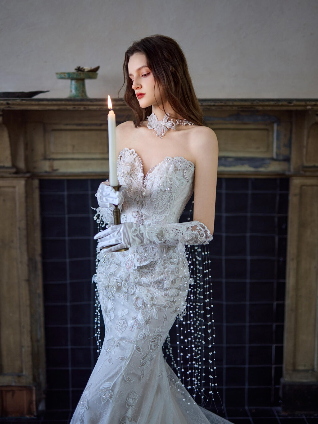 Luxury Hand Rhinestone Mermaid Bridal Outfit With Lace Gloves & Butterfly Choker