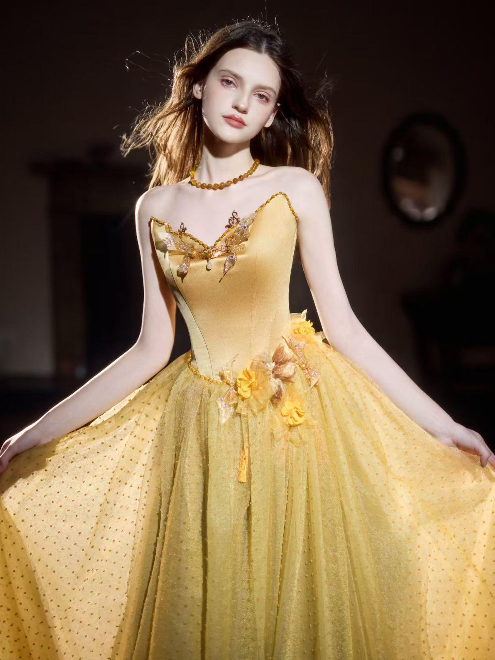 Mustard Yellow Sweetheart Corset Prom Dress Glitter Polka Dot Tulle Fairy Gown Handmade Flower Crystal Decor For Birthday Gala Photoshoot