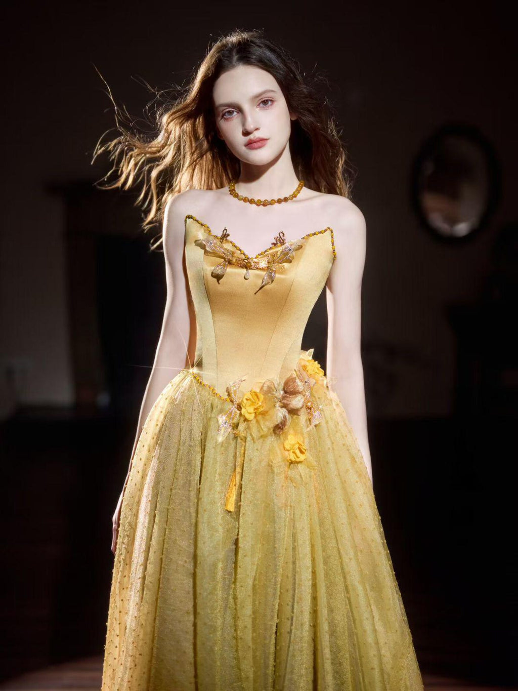 Mustard Yellow Sweetheart Corset Prom Dress Glitter Polka Dot Tulle Fairy Gown Handmade Flower Crystal Decor For Birthday Gala Photoshoot