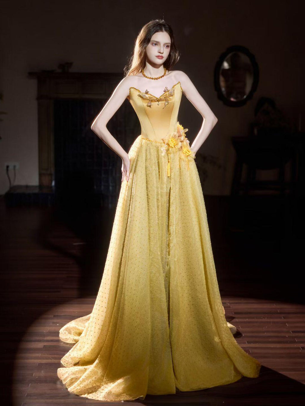 Mustard Yellow Sweetheart Corset Prom Dress Glitter Polka Dot Tulle Fairy Gown Handmade Flower Crystal Decor For Birthday Gala Photoshoot