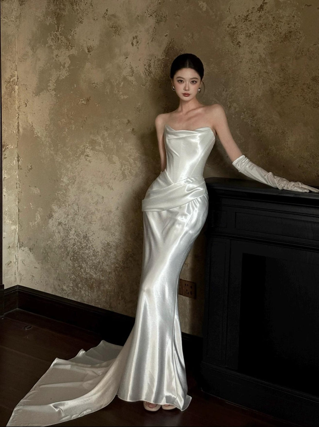 Satin Strapless Mermaid Wedding Dress, Draped Cowl Neck Bridal Gown with Train