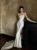 Satin Strapless Mermaid Wedding Dress, Draped Cowl Neck Bridal Gown with Train