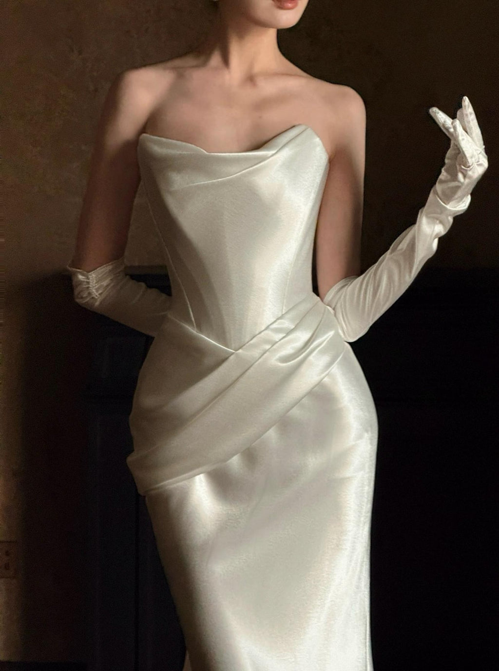 Satin Strapless Mermaid Wedding Dress, Draped Cowl Neck Bridal Gown with Train