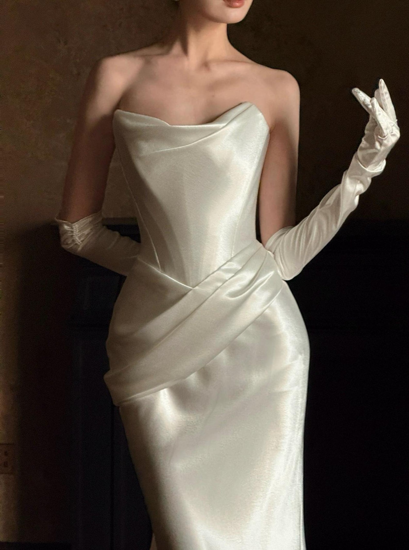 Satin Strapless Mermaid Wedding Dress, Draped Cowl Neck Bridal Gown with Train