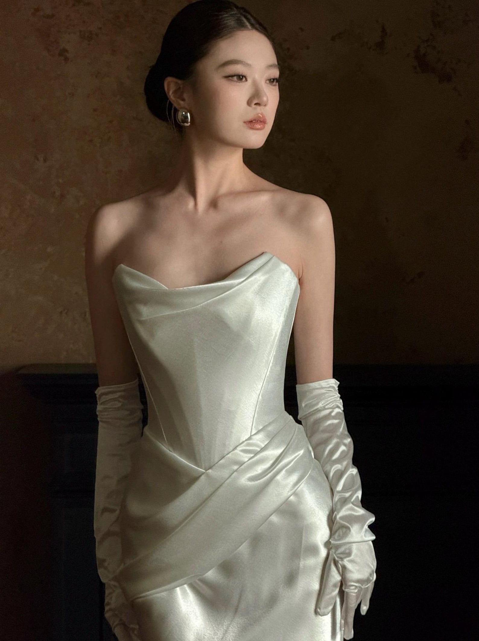 Satin Strapless Mermaid Wedding Dress, Draped Cowl Neck Bridal Gown with Train