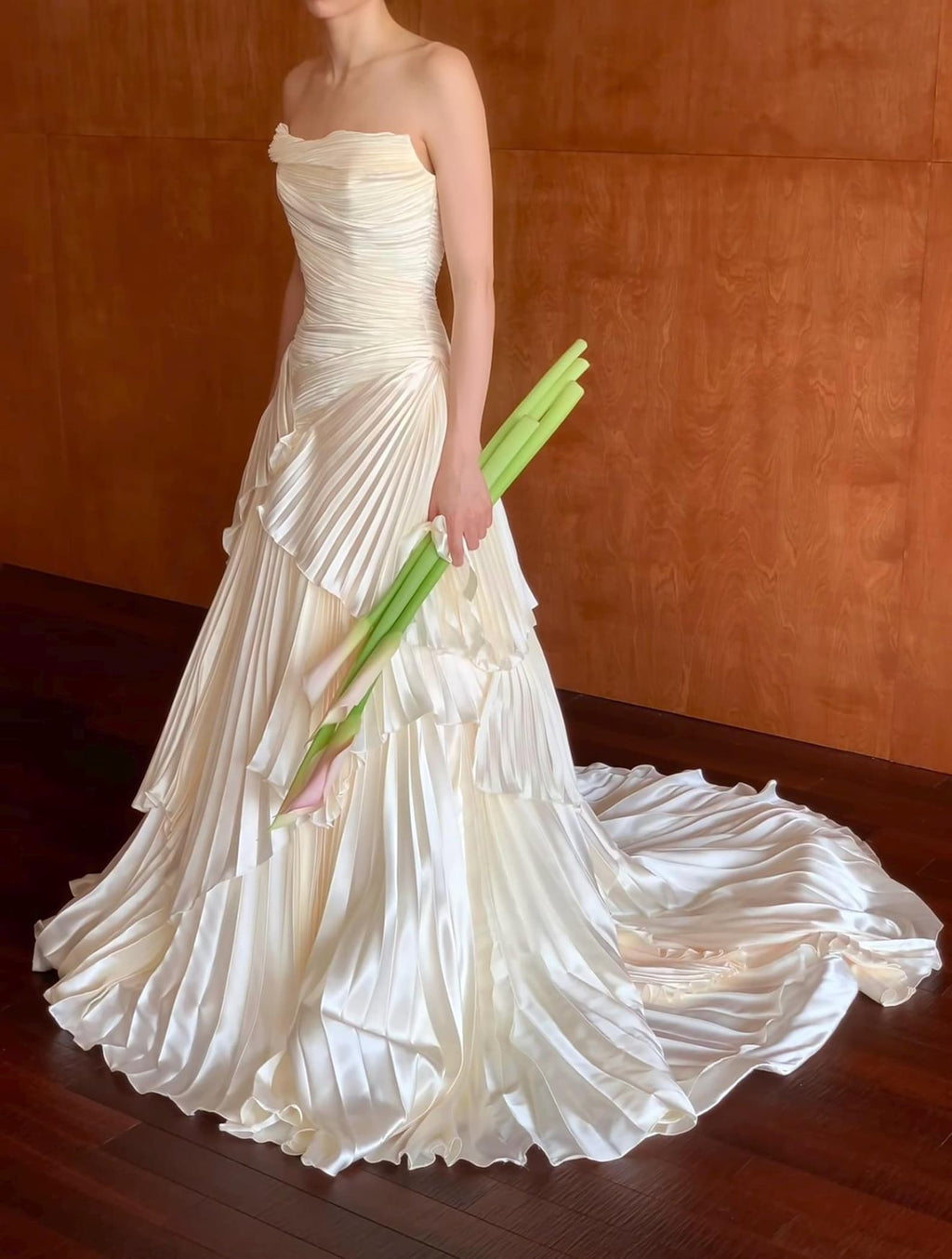 Pleated Strapless Tiered Wedding Dress, Ruffled Bridal Gown