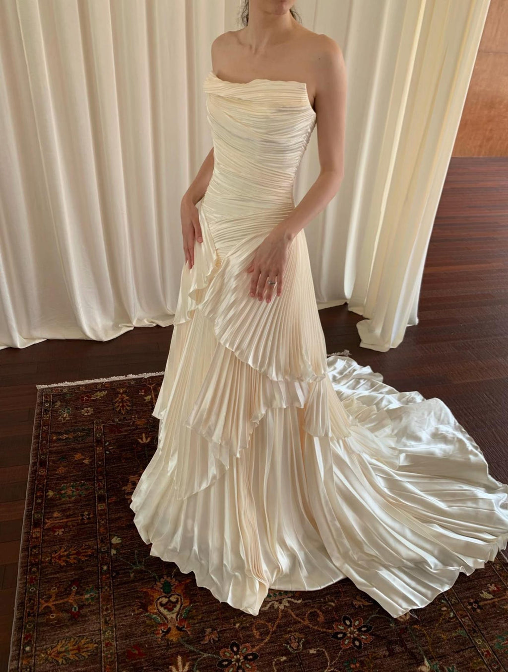 Pleated Strapless Tiered Wedding Dress, Ruffled Bridal Gown