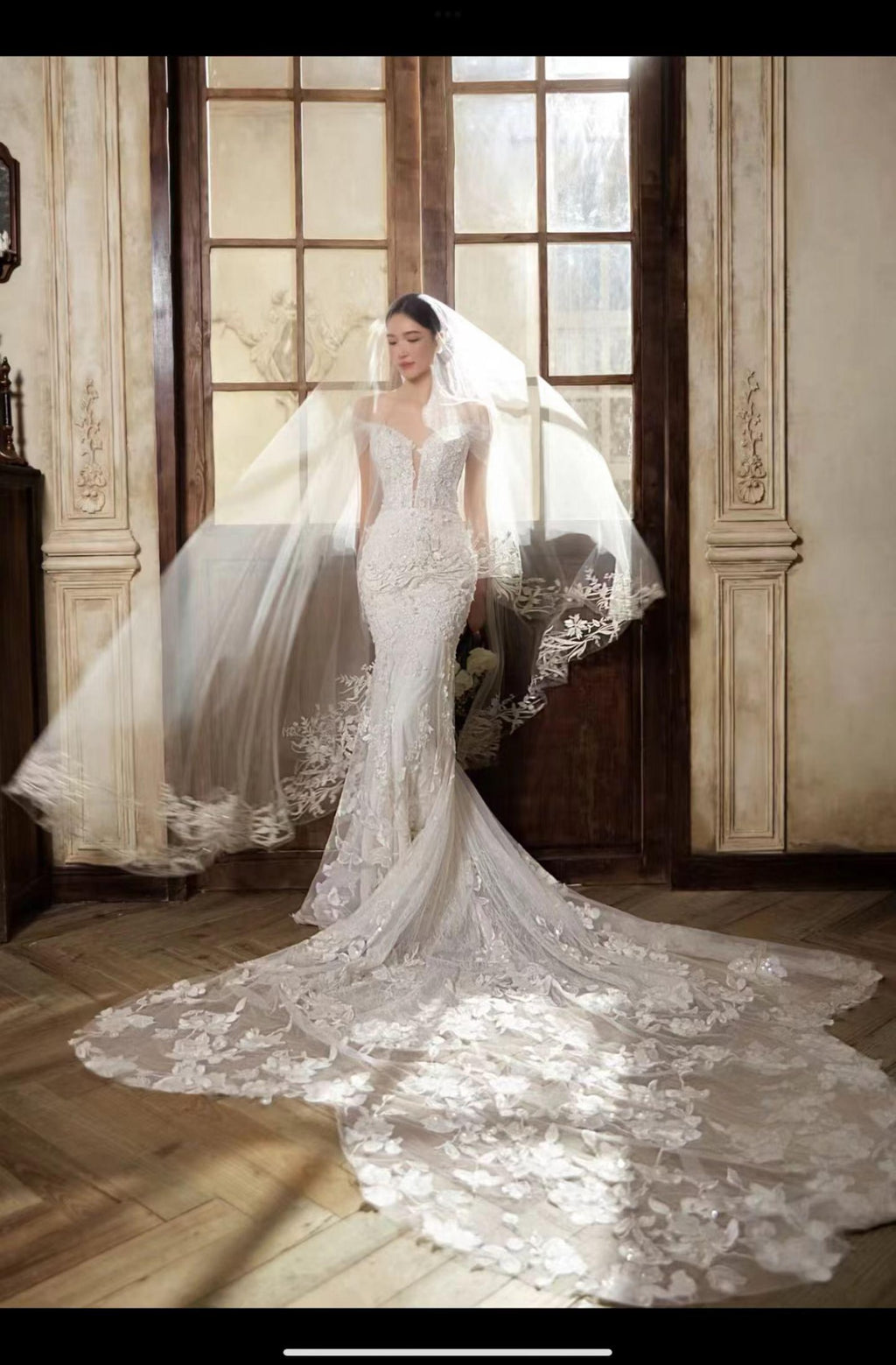 Off Shoulder Deep V Mermaid Wedding Dress Handmade 3D Floral Lace Long Cathedral Train Bridal Gown With Lace Edge Veil